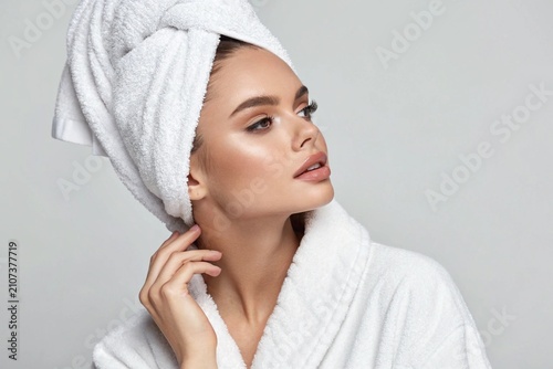 Woman in Bathrobe and Head Towel in Spa Portrait