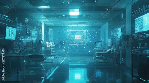 Futuristic hospital corridor with digital blue interface panels