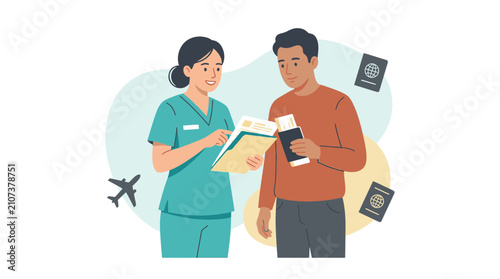 Nurse Assisting Traveler with Documents and Passports for International Travel