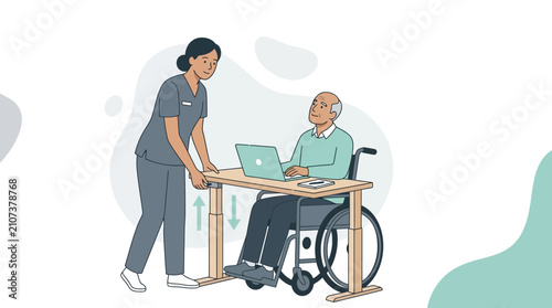 Nurse assists elderly patient in wheelchair at adjustable desk with laptop, promoting accessibility and care.