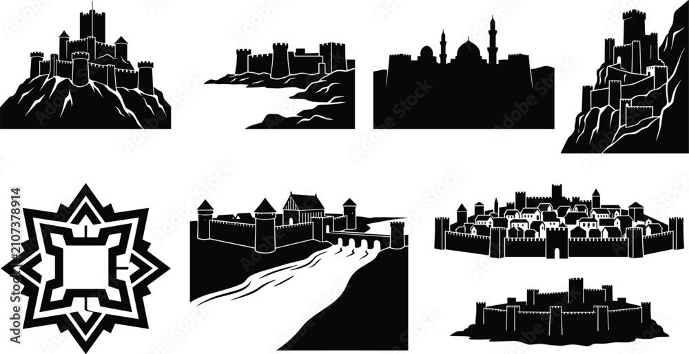 Obraz premium Collection of castle and fortress silhouettes