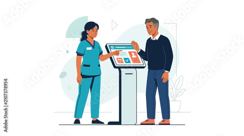 Nurse assists patient with digital kiosk in modern healthcare setting, symbolizing technology and care.