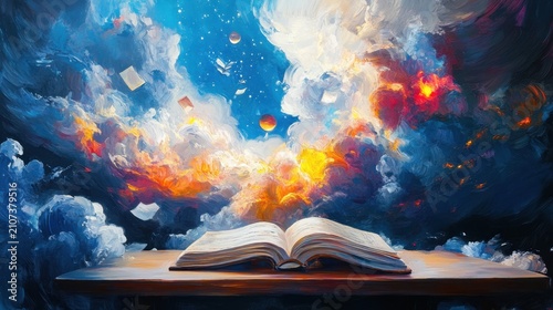 Open book with cosmic bubbles and glowing energy abstract painting