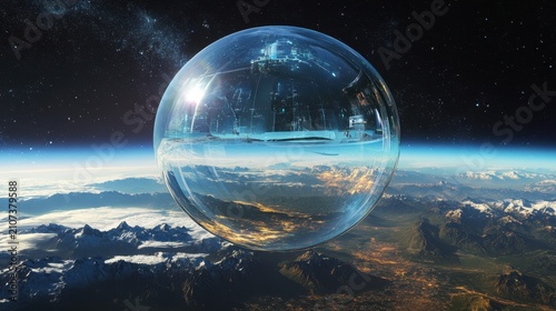 Futuristic space observatory with glass dome under starry night sky