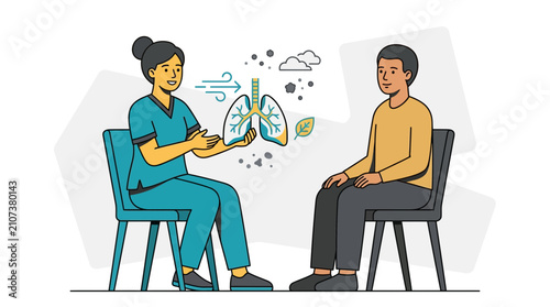 Nurse explains lung health and breathing to patient, using a lung model and illustrating air quality concepts.