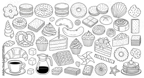 Hand drawn bakery and dessert doodles set, black and white pastry line art collection, sweet food icons for coloring book and cafe menu design