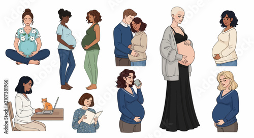 Foto Vector illustration set of diverse pregnant women, maternity couples, and expect