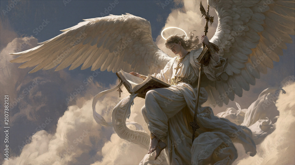 Obraz premium The angel flying in midair with the eternal gospel to proclaim to all nations with divine presence