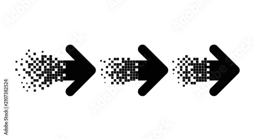Black arrows dissolving into pixelated dots and digital fragments, symbolizing data loss or transition