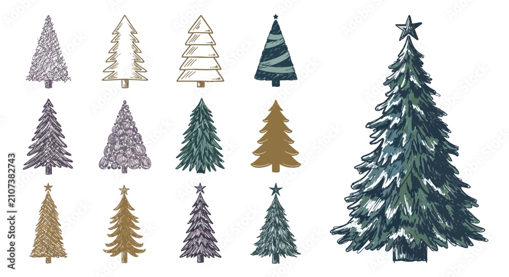 Obraz premium Hand-Drawn Collection of Festive Christmas Trees in Various Styles and Colors for Holiday Decorations