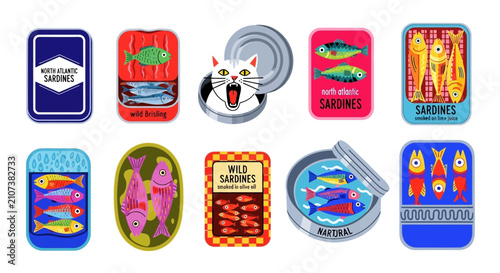 Colorful Set of Canned Fish and Sardine Tin Illustrations with Retro Graphic Styles