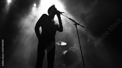 Male performer singing on stage in dramatic black and white lighting