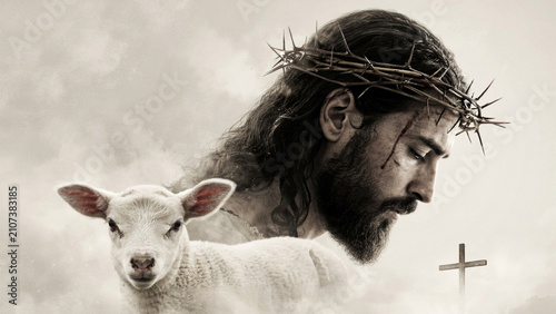 Jesus Christ with Crown of Thorns and Lamb Symbolizing the Good Shepherd, Sacrifice and Christian Faith