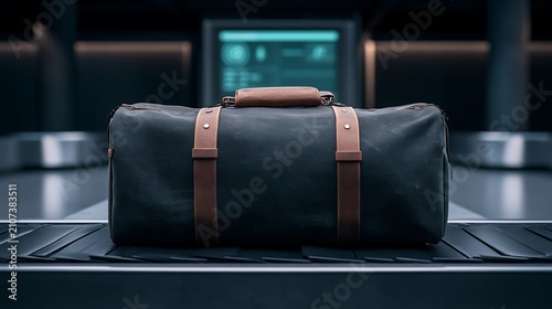 A luxury duffel bag on an airport luggage conveyor belt. Travel concept representing modern logistics and airport.