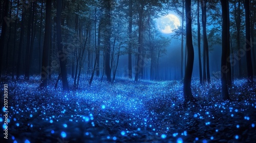 Enchanting forest at night with glowing blue lights and full moon