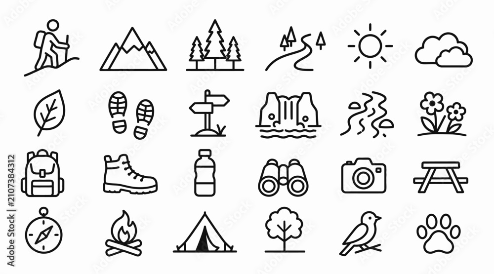 Fototapeta premium Outdoor Adventure and Camping Line Art Icons Set.