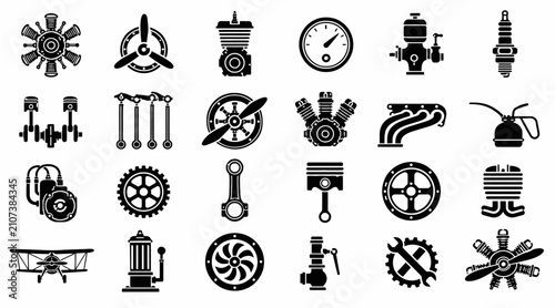 Bild auf Leinwand Collection of black and white mechanical icons and symbols.