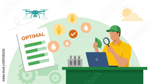 Canvastavla Farmer utilizes modern technology for optimal crop growth and agricultural analysis, reviewing data on a laptop and inspecting a plant leaf with a magnifying glass