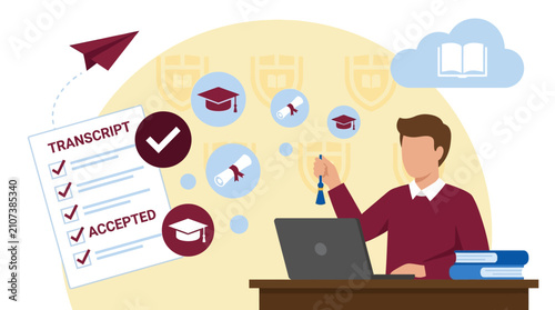 Student successfully navigates the college application process, receiving an acceptance letter and a graduation cap in this educational concept illustration.