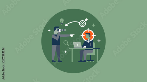 Photos Business professional actively targets a specific individual with a monocular, symbolizing a focused search for a particular talent or candidate