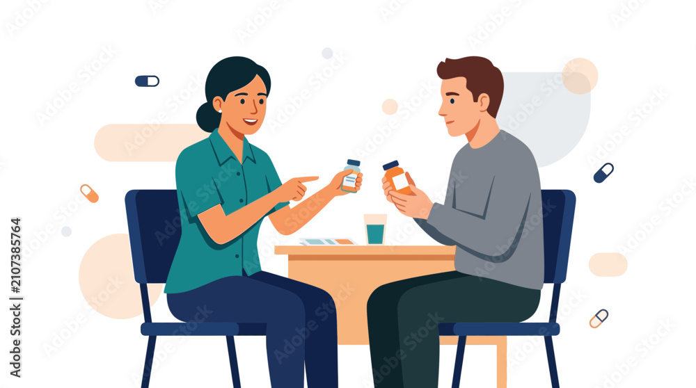 Fototapeta premium Healthcare professional counseling patient about medication and nutrition. Vector illustration of doctor advising patient on pills and healthy lifestyle.