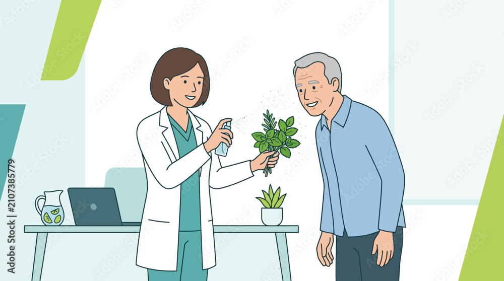 Fototapeta premium Healthcare professional in white coat spraying herbs for a smiling senior man, illustrating nutrition counseling and natural remedies