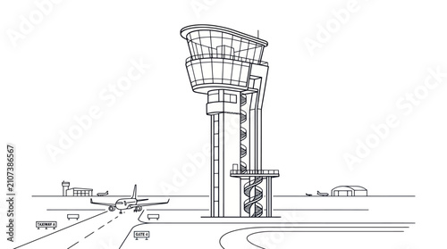 Runway and control tower line drawing.