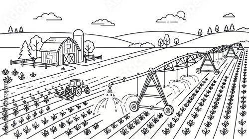 Rural farm scene with tractor and irrigation coloring.