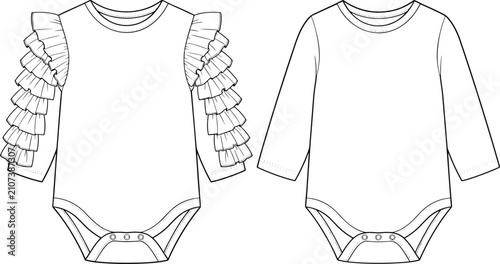 Schilderij op canvas Technical sketch of baby bodysuits with ruffled and plain sleeve variations