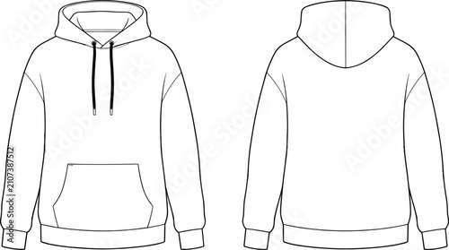 Foto Technical flat sketch of hooded sweatshirt, front and back views with kangaroo p