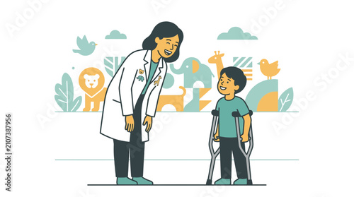 Doctor counseling child with crutches, friendly medical consultation, healthcare, recovery, and support with animal illustrations.