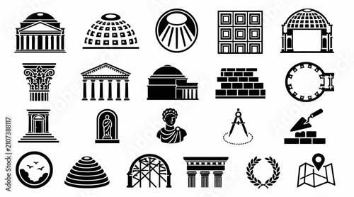 Принти на полотні Collection of architectural and historical icons in black.