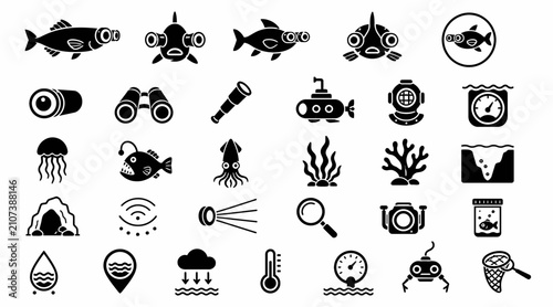 Foto Black and white icons of marine life and diving equipment.