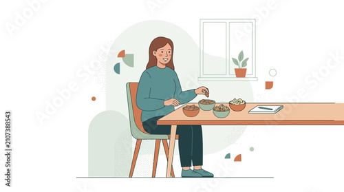 Nutritionist examining nuts in bowls for healthy eating advice, flat vector illustration