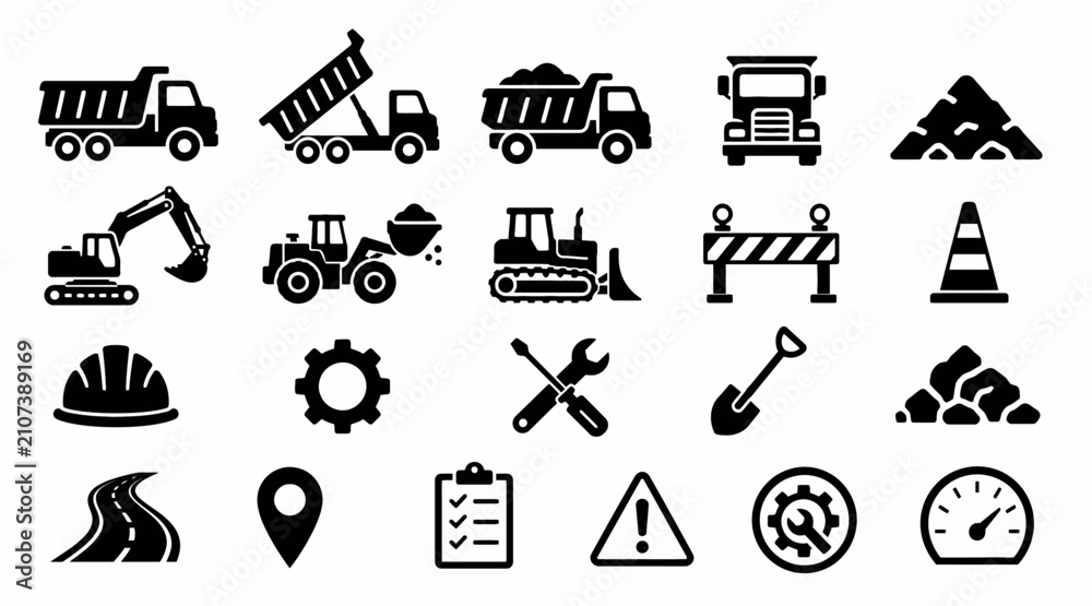 Fototapeta premium Construction and industrial equipment icon set in black.