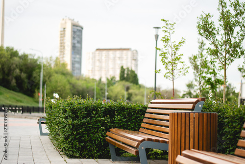 Empty urban park bench in modern cityscape. Public seating area with wooden slats and metal frame