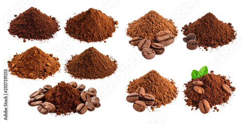 Coffee. Grounds. Beans. Powder. Isolated on transparent background
