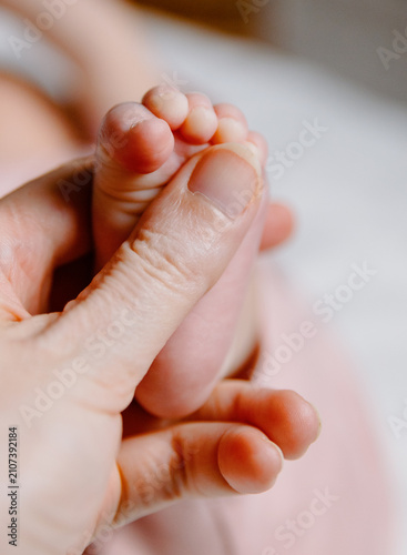 Принти на полотні A vertical close-up portrait of a mother's hand holding the tiny foot of a newborn Caucasian infant
