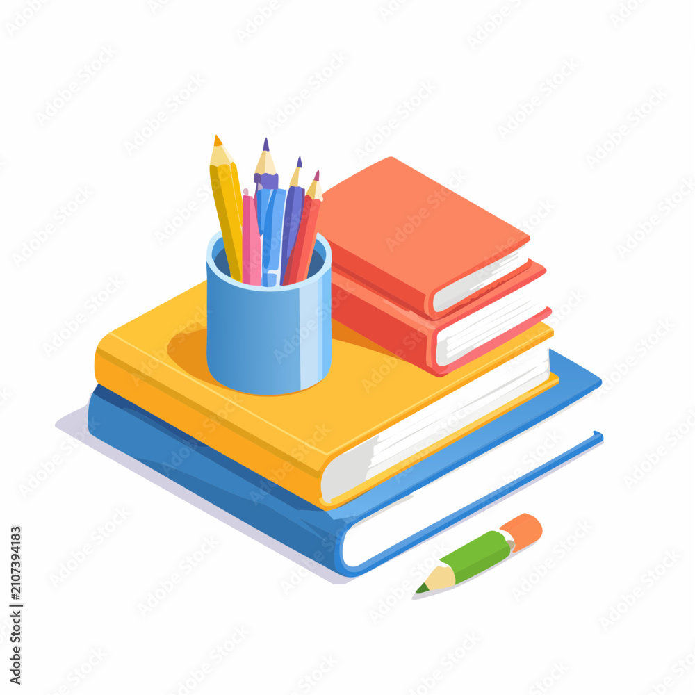 Fototapeta premium Stack of books and pencil holder with colorful pencils, illustration