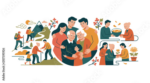 Multigenerational Family Activities and Care Illustration