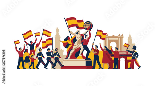 People Celebrating Spain National Day with Flags and Landmarks