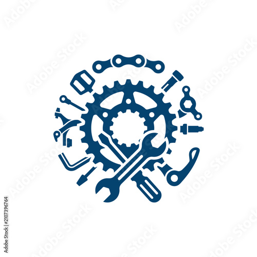 A circular arrangement of various mechanical bicycle repair tools