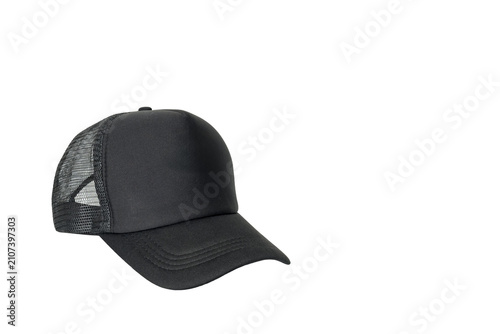 black trucker cap with a mesh back turned in half turn on a white background
