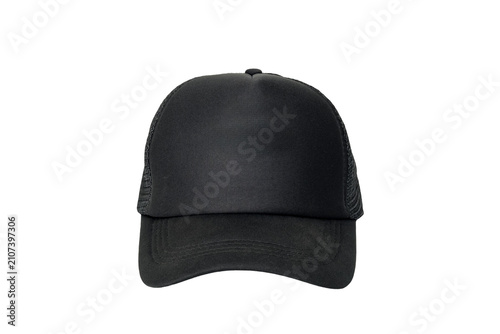 black baseball trucker cap with mesh front view on a white isolated background