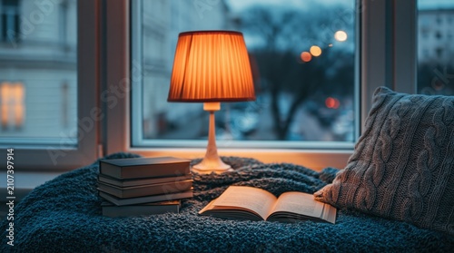 Cozy reading nook with a glowing lamp and books by the window at home in the evening