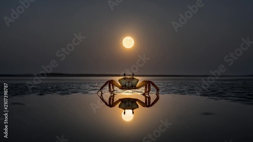 A crab faces a full moon over water, with its reflection below. A serene, minimalist scene