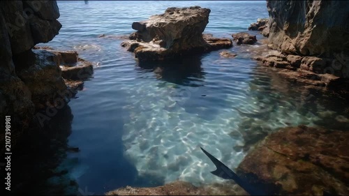 Clear ocean water reflects sunlight, creating patterned shadows against rocks. A shark-like silhouette overlays