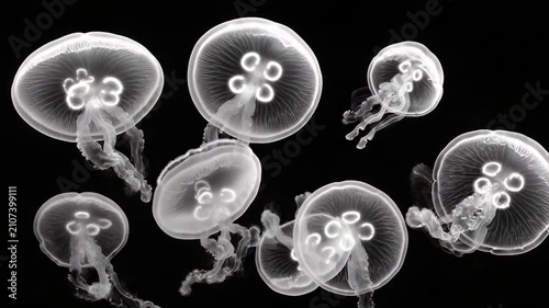 Group of luminous, translucent jellyfish floating against a stark black background