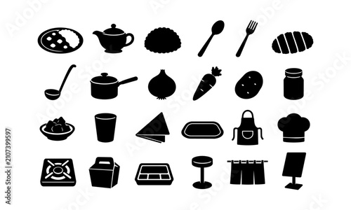 Japanese curry diner silhouette icon set
