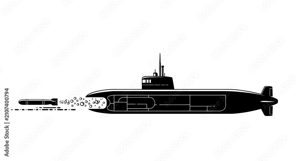 Fototapeta premium A black silhouette vector illustration of a military submarine firing a torpedo with bubbles. Isolated on a white background.